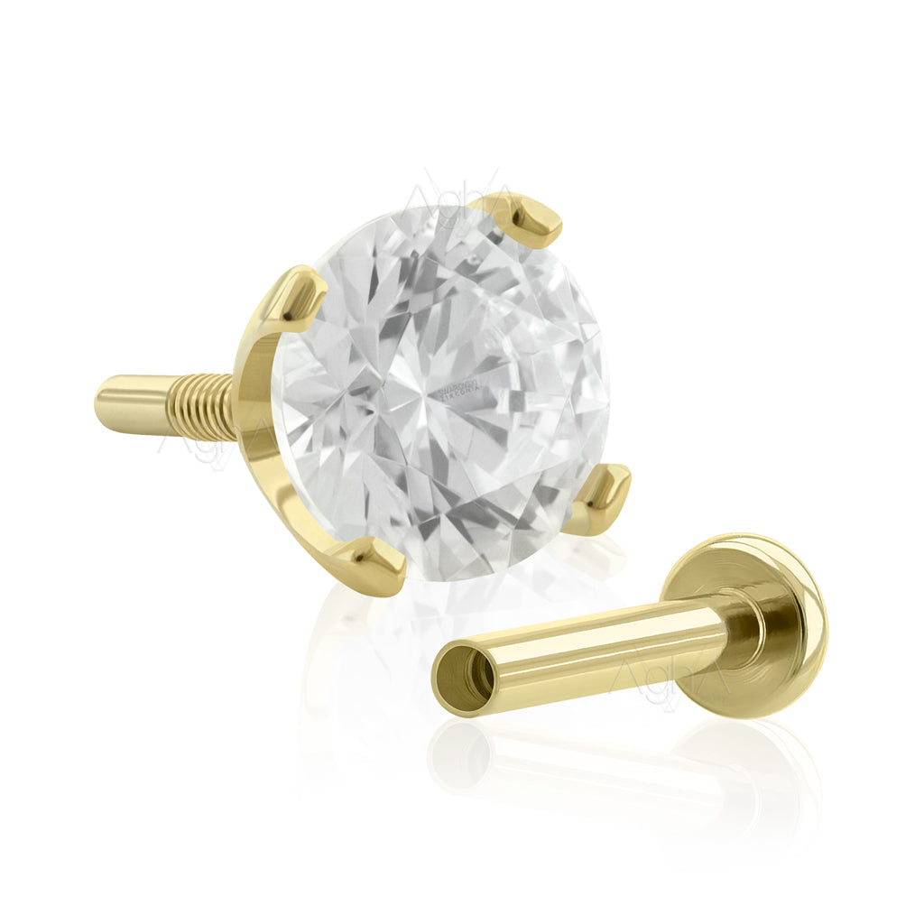14k Oro Solido Amarillo Arete Piercing Rosca Larga, Accesorio Prong Setting con Cristales Zirconia, Oro libre de Níquel, Perforación en el Lóbulo y Cartílago